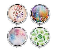 Pastillero de metal para mujer, redondo, pequeño, pastillero, caja de 3 compartimentos con espejo, portátil, de acero inoxidable, metal, vitaminas, tableta, organizador para diario y viaje