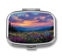 Pastillero de montaña colorido con diseño de flores silvestres y puesta de sol con 2 compartimentos, organizador de pastillas de viaje para bolso de bolsillo