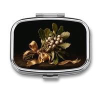 Pastillero de muérdago con bayas y hojas blancas, 2 compartimentos, portátil, organizador de píldoras de viaje para bolso de bolsillo