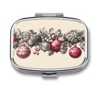 Pastillero de Navidad con 2 compartimentos, piñas, piñas, bayas de acebo, organizador de pastillas de viaje para bolso de bolsillo