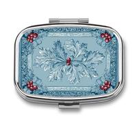 Pastillero de Navidad, diseño floral, hojas de acebo, bayas, vintage, 2 compartimentos, portátil, organizador de píldoras de viaje para bolso de bolsillo