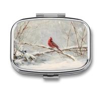 Pastillero de nieve de invierno sentado en una rama de pájaro rojo con 2 compartimentos, organizador de píldoras de viaje portátil para bolso de bolsillo