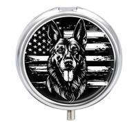 Pastillero de pastor alemán con bandera de Estados Unidos para el 4 de julio, 3 compartimentos, pequeño, portátil, organizador de píldoras para bolsillo