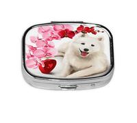 Pastillero de perro samoyedo con 2 compartimentos, diseño de flores rosas, organizador portátil