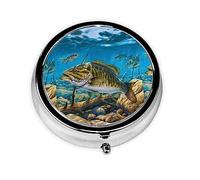 Pastillero de pesca con diseño de peces de lago, organizador de píldoras de metal, redondo, organizador de medicamentos, contenedor de píldoras