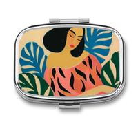 Pastillero de plantas tropicales para mujer, boho, vintage, 2 compartimentos, portátil, organizador de pastillas de viaje para bolso de bolsillo
