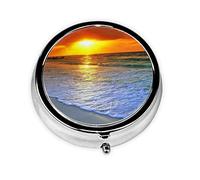 Pastillero de playa con puesta de sol, pastillero de viaje personalizado, pastillero redondo, caja organizadora de vitaminas decorativa de Metal para medicinas