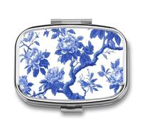 Pastillero de porcelana azul y blanca con diseño de árbol de peonías, 2 compartimentos, portátil, organizador de pastillas de viaje para bolso de bolsillo