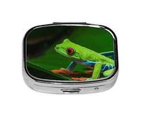 Pastillero de rana de árbol de ojos rojos, organizador de píldoras de metal, pastillero portátil para bolsillo o bolso, organizador decorativo de medicinas, contenedor de vitaminas