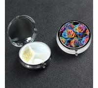 Pastillero de rosas multicolor sobre fondo negro, pastillero de metal con 3 compartimentos, organizador portátil de pastillas de viaje para bolsillo o bolso, caja redonda decorativa para medicinas,