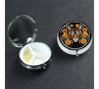 Pastillero de tigre y girasol sobre fondo negro, pastillero de metal con 3 compartimentos, organizador portátil de pastillas de viaje para bolsillo o bolso, caja redonda decorativa para medicinas,