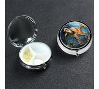 Pastillero de tortuga que nade en el mar, pastillero de metal con 3 compartimentos, organizador portátil de píldoras de viaje para bolsillo o bolso, caja de medicina redonda decorativa, contenedor de