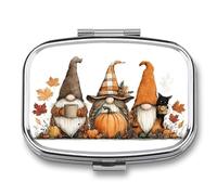 Pastillero de tres gnomos de otoño caprichoso con 2 compartimentos, organizador de pastillas de viaje para bolso de bolsillo