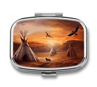 Pastillero de tribus nativas americanas con espejo, 2 compartimentos, impermeable, para bolso, con agarre antideslizante, organizador de medicamentos de viaje, contenedor para vitaminas, aceite de pe