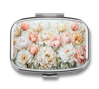 Pastillero de tulipanes y peonías en rosas, color blanco, amarillo, pastillero portátil con 2 compartimentos, organizador de pastillas de viaje para bolso de bolsillo