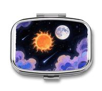 Pastillero de viaje con 2 compartimentos, color naranja, sol y luna, con espejo, impermeable, organizador de píldoras medicinales, 2 veces al día, contenedor portátil para bolso y bolsillo