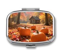 Pastillero de viaje con 2 compartimentos, diseño de hojas de calabaza, con espejo, impermeable, organizador de pastillas medicinales, 2 veces al día, contenedor portátil para bolso y bolsillo