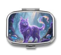 Pastillero de viaje con 2 compartimentos para gatos de fantasía con espejo, impermeable, organizador de pastillas medicinales, 2 veces al día, contenedor portátil para bolso y bolsillo, rectangular