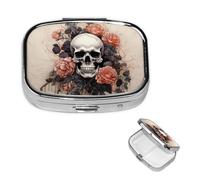 Pastillero de viaje con 2 compartimentos, pequeño pastillero para bolso y bolsillo, organizador de medicamentos portátil, diseño de calavera antigua y flores, bonito recipiente redondo para vitaminas