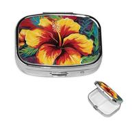 Pastillero de viaje con 2 compartimentos, pequeño pastillero para bolso y bolsillo, organizador portátil de medicamentos, colorido hibisco, lindo contenedor redondo para vitaminas, medicamentos