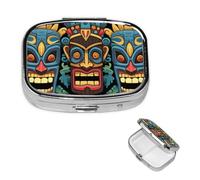 Pastillero de viaje con 2 compartimentos, pequeño pastillero para bolso y bolsillo, organizador portátil de medicamentos, colorido patrón de máscara Tiki, bonito recipiente redondo para vitaminas
