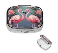 Pastillero de viaje con 2 compartimentos, pequeño pastillero para bolso y bolsillo, organizador portátil de medicamentos, bandada de flamencos tropicales, bonito recipiente redondo para vitaminas