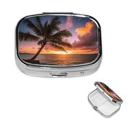 Pastillero de viaje con 2 compartimentos, pequeño pastillero para bolso y bolsillo, organizador portátil de medicamentos, palmera, puesta de sol, playa, bonito contenedor redondo para vitaminas