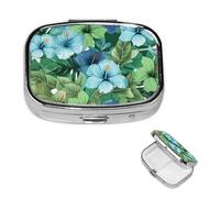 Pastillero de viaje con 2 compartimentos, pequeño pastillero para bolso y bolsillo, organizador portátil de medicamentos, flores de hibisco verde y azul, bonito recipiente redondo para vitaminas