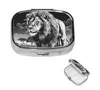 Pastillero de viaje con 2 compartimentos, pequeño pastillero para bolso y bolsillo, organizador portátil de medicamentos, ilustración de león en blanco y negro, bonito recipiente redondo para