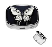Pastillero de viaje con 2 compartimentos, pequeño pastillero para bolso y bolsillo, organizador portátil de medicamentos, un bonito recipiente redondo de mariposa en blanco y negro para vitaminas