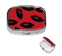 Pastillero de viaje con 2 compartimentos, pequeño pastillero para bolso y bolsillo, organizador portátil de medicamentos, labios rojos y negros, bonito recipiente redondo para vitaminas, medicamentos