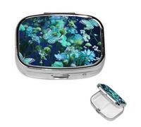 Pastillero de viaje con 2 compartimentos, pequeño pastillero para bolso y bolsillo, organizador portátil de medicamentos, mariposa verde y flores azules, bonito recipiente redondo para vitaminas