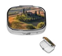 Pastillero de viaje con 2 compartimentos, pequeño pastillero para bolso y bolsillo, organizador portátil de medicamentos, paisaje, árbol, granja, bonito recipiente redondo para vitaminas, medicamentos