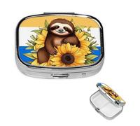 Pastillero de viaje con 2 compartimentos, pequeño pastillero para bolso y bolsillo, organizador portátil de medicamentos, perezoso sentado en girasol, bonito recipiente redondo para vitaminas