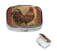 Pastillero de viaje con 2 compartimentos, pequeño pastillero para bolso y bolsillo, organizador portátil de medicamentos, ilustración de gallo antiguo, bonito recipiente redondo para vitaminas