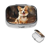 Pastillero de viaje con 2 compartimentos, pequeño pastillero para bolso y bolsillo, organizador portátil de medicamentos, perro corgi, lindo contenedor redondo para vitaminas, medicamentos, aceite de