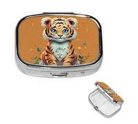 Pastillero de viaje con 2 compartimentos, pequeño pastillero para bolso y bolsillo, organizador portátil de medicamentos, año del tigre, divertido tigre, lindo recipiente redondo para vitaminas