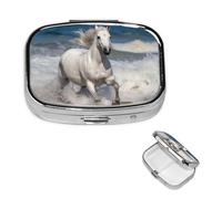 Pastillero de viaje con 2 compartimentos, pequeño pastillero para bolso y bolsillo, organizador portátil de medicamentos, caballo blanco corriendo en el mar, bonito recipiente redondo para vitaminas