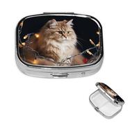 Pastillero de viaje con 2 compartimentos, pequeño pastillero para bolso y bolsillo, organizador portátil de medicamentos, un gato y luces de Navidad, bonito recipiente redondo para vitaminas