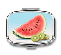 Pastillero de viaje con 2 compartimentos, sandía, kiwi, fruta, pastillero con espejo, impermeable, organizador de pastillas medicinales, 2 veces al día, contenedor portátil para bolso y bolsillo