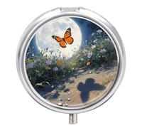 Pastillero de viaje con 3 compartimentos, color naranja, mariposa, luna, flor, con espejo, impermeable, organizador de pastillas medicinales, 3 veces al día, contenedor portátil para bolso y bolsillo
