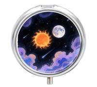 Pastillero de viaje con 3 compartimentos, color naranja, sol y luna, con espejo, impermeable, organizador de píldoras medicinales, 3 veces al día, contenedor portátil para bolso y bolsillo, redondo