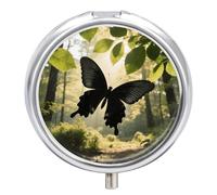 Pastillero de viaje con 3 compartimentos de mariposa negra con espejo, impermeable, organizador de pastillas medicinales 3 veces al día, contenedor portátil para bolso y bolsillo, redondo, plateado