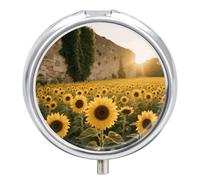 Pastillero de viaje con 3 compartimentos, girasoles, con espejo, impermeable, organizador de pastillas medicinales, 3 veces al día, contenedor portátil para bolso y bolsillo, redondo, plateado
