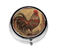 Pastillero de viaje con 3 compartimentos, pequeño pastillero para bolso y bolsillo, organizador portátil de medicamentos, ilustración de gallo antiguo, bonito recipiente redondo para vitaminas
