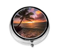 Pastillero de viaje con 3 compartimentos, pequeño pastillero para bolso y bolsillo, organizador portátil de medicamentos, palmera, puesta de sol, playa, bonito contenedor redondo para vitaminas