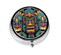 Pastillero de viaje con 3 compartimentos, pequeño pastillero para bolso y bolsillo, organizador portátil de medicamentos, colorido patrón de máscara Tiki, bonito recipiente redondo para vitaminas