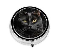 Pastillero de viaje con 3 compartimentos, pequeño pastillero para bolso y bolsillo, organizador portátil de medicamentos, un gato negro sobre un fondo negro, bonito recipiente redondo para vitaminas