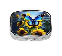 Pastillero de viaje con diseño de mariposa azul girasol, pastillero de 2 compartimentos, mini pastillero portátil, caja de almacenamiento de medicamentos vitamínicos