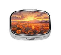 Pastillero de viaje con girasoles amarillos al atardecer. Pastillero de 2 compartimentos, mini pastillero portátil, caja de almacenamiento de medicamentos para vitaminas